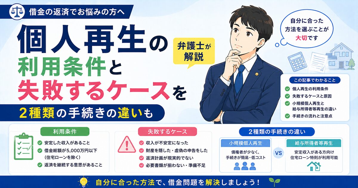 個人再生の利用条件と失敗するケースを弁護士が解説｜2種類の手続きの違いも